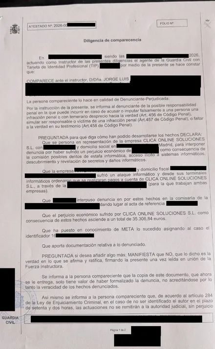 Copia de la denuncia presentada. Datos personales y de terceros censurados.
